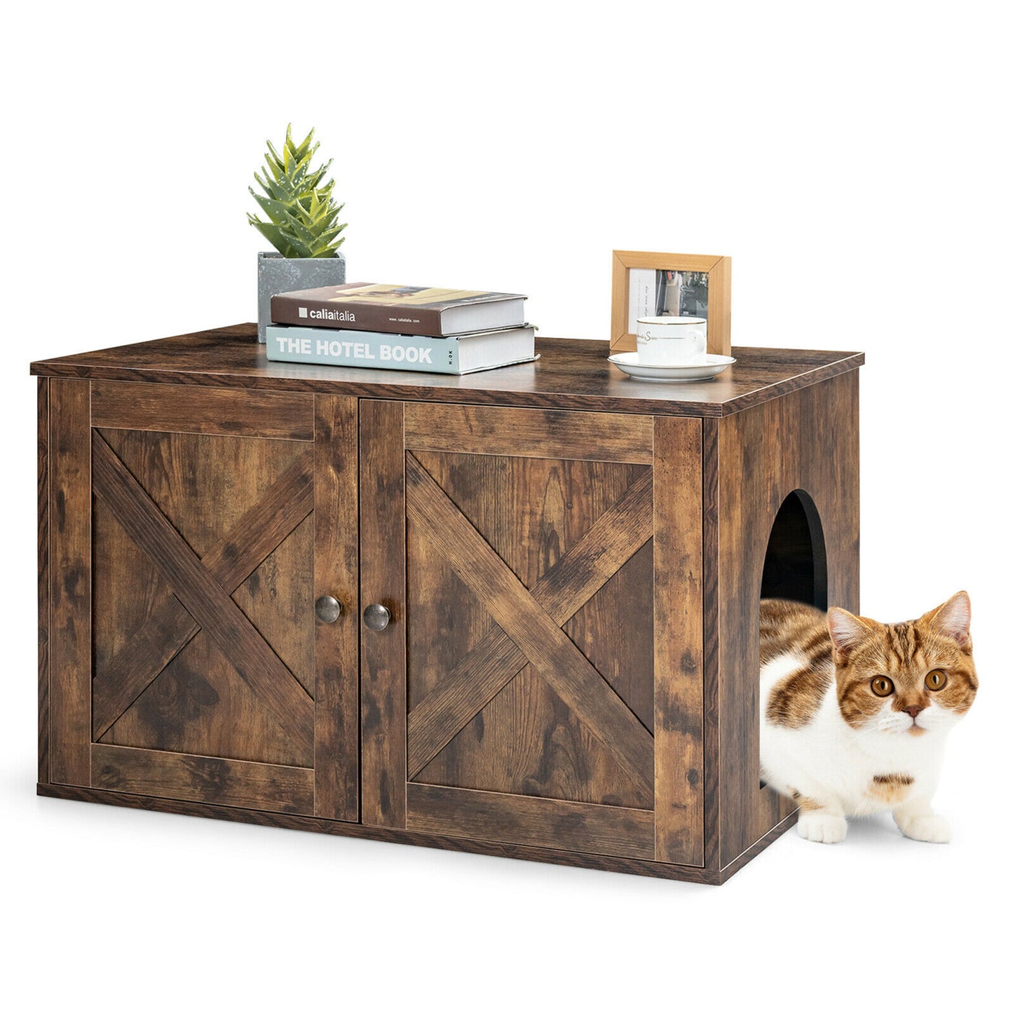 Gymax Wooden Cat Litter Box Enclosure Hidden Cabinet Furniture W/ Divider Pet House