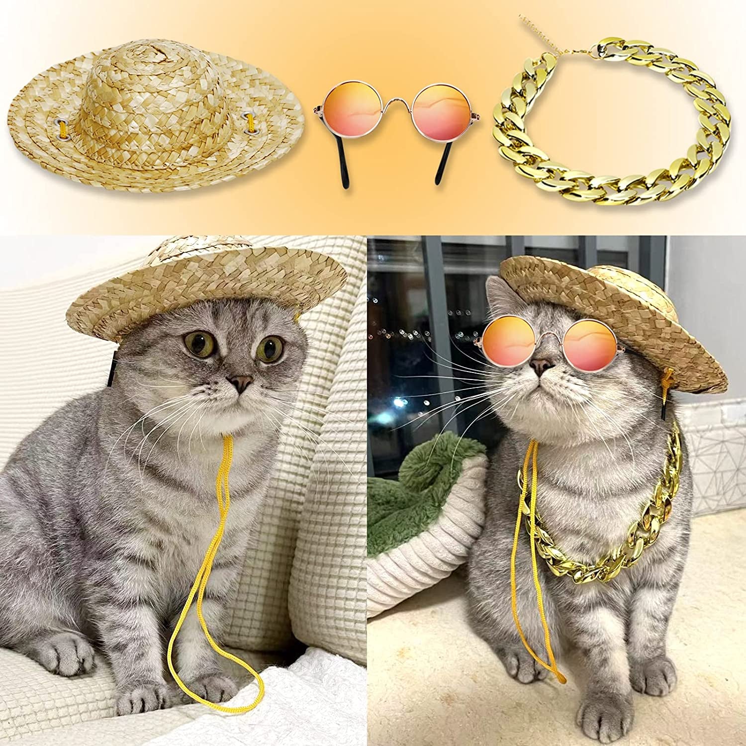 6PCS Pet Dog Cat Costume, Retro Pet Sunglasses, Adjustable Gold Chain Collar & Summer Straw Hat, Funny Pet Accessories for Cat Puppy Small Medium Dog Birthday Cosplay Party Animals & Pet Supplies > Pet Supplies > Dog Supplies > Dog Apparel Gaprumi   