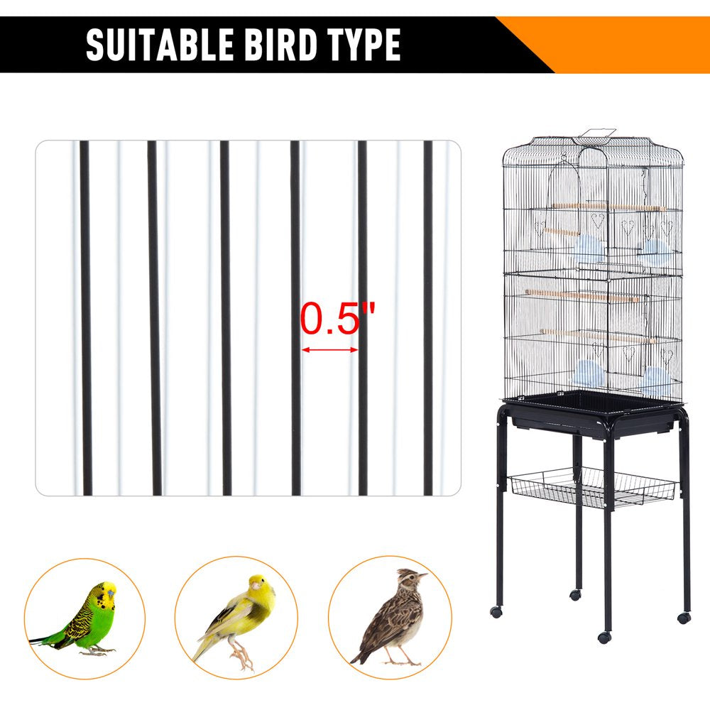 Pawhut Indoor 63" Metal Bird Cage with Detachable Rolling Stand, Storage Basket - Black Animals & Pet Supplies > Pet Supplies > Bird Supplies > Bird Cage Accessories Aosom LLC   