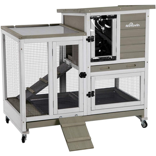 Morgete Wooden Rabbit Hutch with Two Slide Tray Outdoor Bunny Cage Indoor Guinea Pig Habitat Pet House for Small Animals - Mocca Animals & Pet Supplies > Pet Supplies > Small Animal Supplies > Small Animal Habitats & Cages Morgete Inc Mocca  