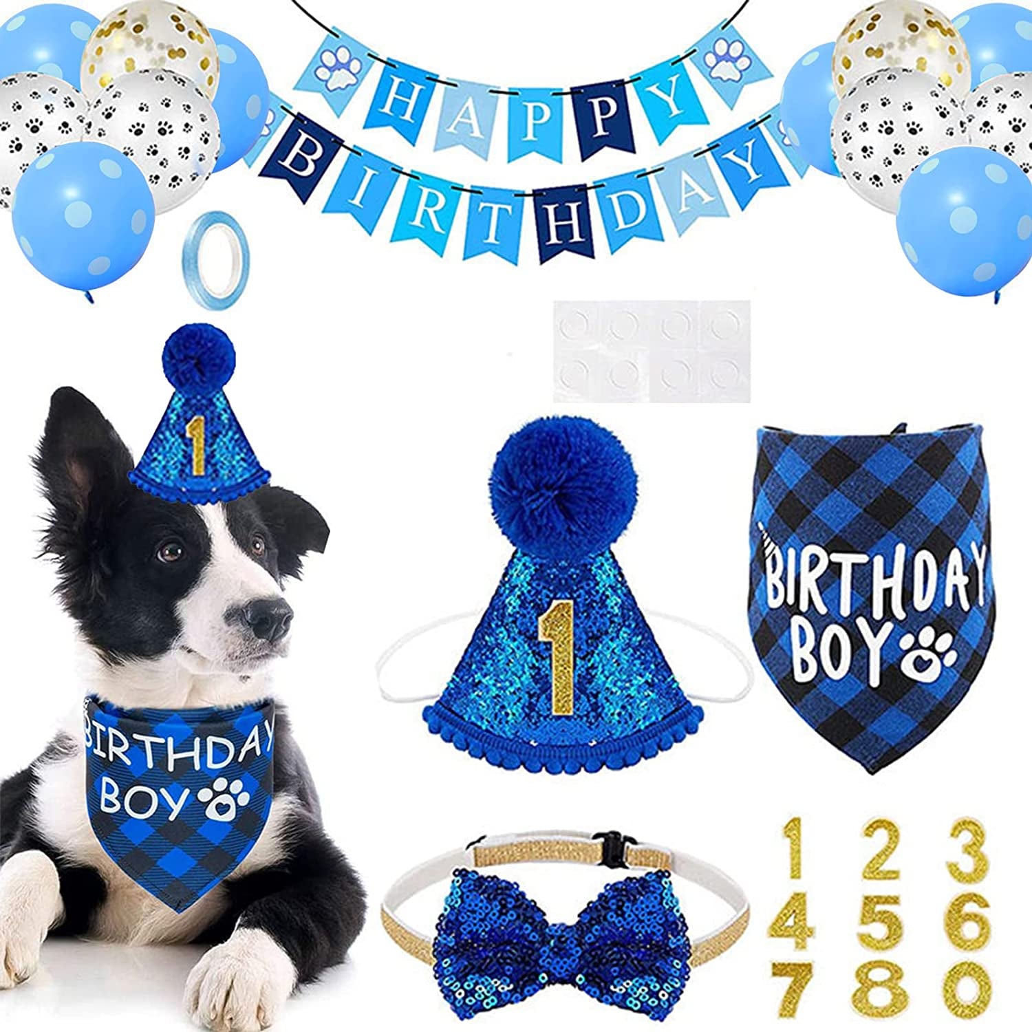 Dog Birthday Party Supplies, Dog Birthday Party Decoration Set, Dog Cute Hat Triangle Scarf Bow Dog Head Banner and Cute Balloon, Used for Dog Birthday Party Decoration (Blue) Animals & Pet Supplies > Pet Supplies > Dog Supplies > Dog Apparel DYGYZH Blue  