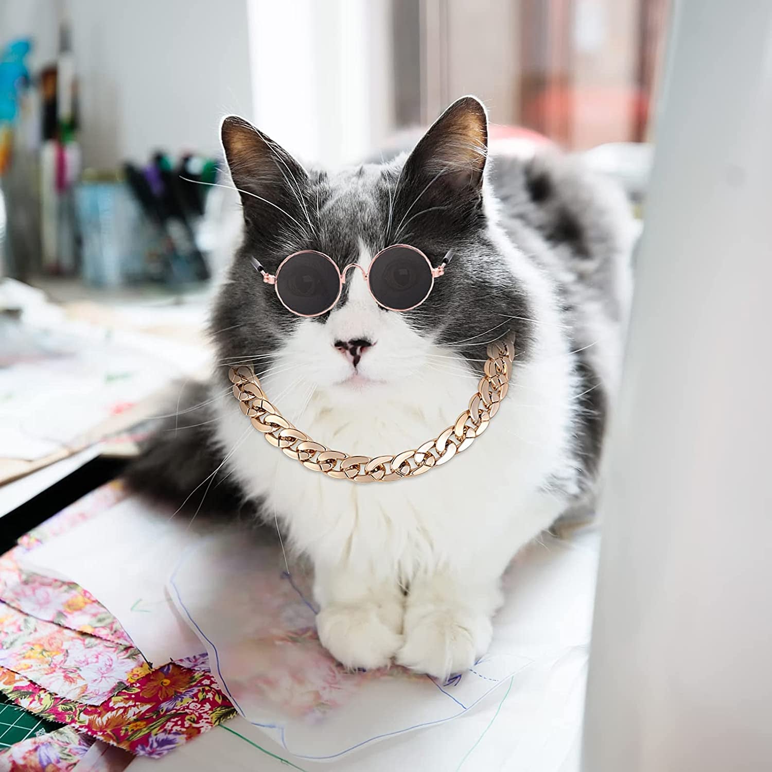 Molain Cat Sunglasses Gold Chain Costume Decorations- Cat UV Protection Classic Retro Puppy Retro Black Sunglasses Faux Rose Gold Adjustable Chain Cosplay Costume Cool Funny Photo Props Animals & Pet Supplies > Pet Supplies > Dog Supplies > Dog Apparel Molain   