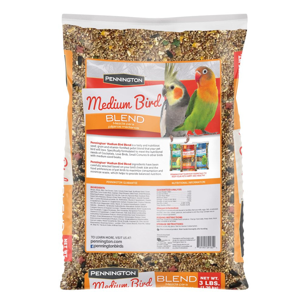 Pennington Medium Bird Blend Bird Food for Cockatiels, Love Birds; 3 Lb Bag Animals & Pet Supplies > Pet Supplies > Bird Supplies > Bird Food D & D Commodities   