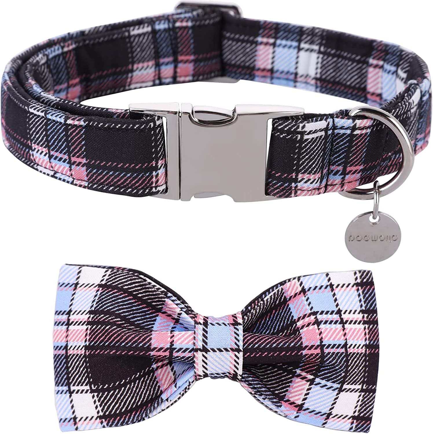 DOGWONG Easter Dog Collar with Bowtie, Easter Egg Holiday Dog Collar Comfortable Durable Dog Collar for Small Medium Large Dog Animals & Pet Supplies > Pet Supplies > Dog Supplies > Dog Apparel DOGWONG blue pink plaid XS（Pack of 1） 