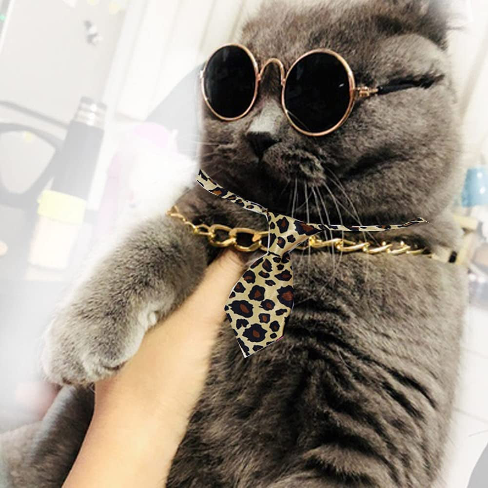 4Pcs Cat Glasses Cat Gold Chain Necktie and Straw Hat, Fashion Cool Pet Sunglasses Adjustable Pet Gold Chain Set Classic Funny Pet Accessories for Cats and Small Dogs Animals & Pet Supplies > Pet Supplies > Dog Supplies > Dog Apparel Yosbabe   