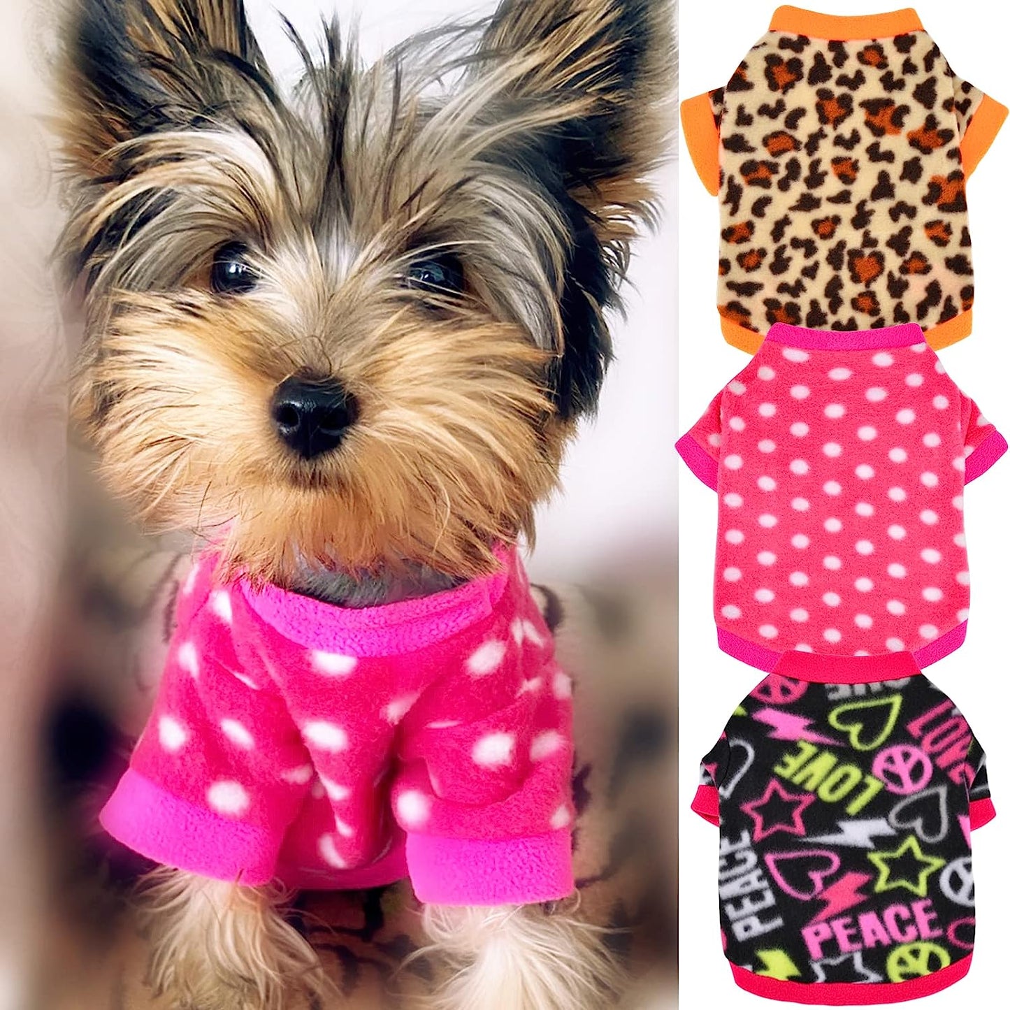 Yikeyo Puppy Clothes for Small Dogs Girl Set of 3 Kitten Clothes - Toy Yorkie Puppy Chihuahua Clothes - Ropa Para Perros - Female Dog Clothes - Fleece Dog Pajamas (Owl + Paw Print + Star, Large) Animals & Pet Supplies > Pet Supplies > Dog Supplies > Dog Apparel Yikeyo Leopard + Polka dot + Geometric Small (3-5 lbs) 