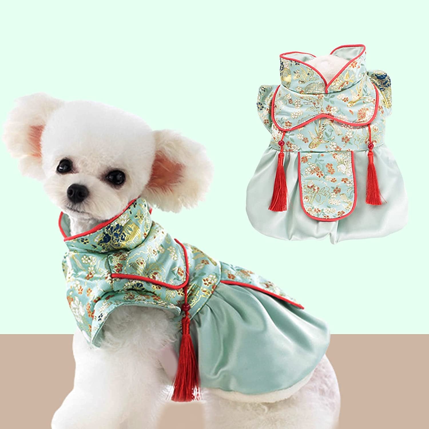 Warm Dog Coat Jacket Floral Tassel Hemming Forefeet Plush Lining Autumn Winter Thickened Fringe Pet Tang Suit Puppy Clothes Pet Animals & Pet Supplies > Pet Supplies > Dog Supplies > Dog Apparel Fogcroll   