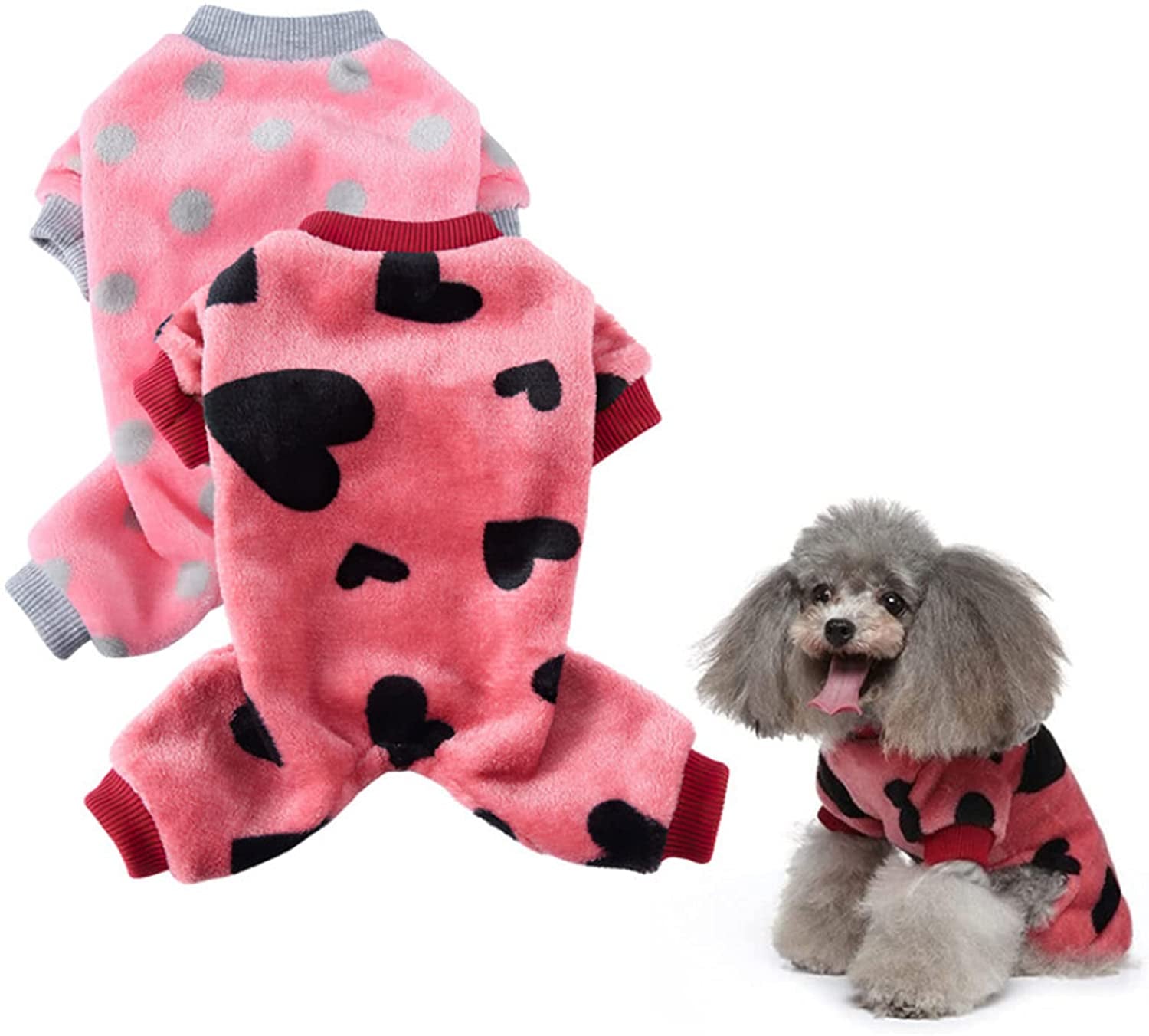 2 Pack Dog Pajamas for Small Dogs Boy Girl Fleece Puppy Pjs Jammies 4 Leg Dog Clothes for Chihuahua Yorkie Winter Warm Onesies Jumpsuit Clothing for Pet Dogs Male Female (Medium Bust 14.5") Animals & Pet Supplies > Pet Supplies > Dog Supplies > Dog Apparel Kosiyi Pink Dots+Love Pink X-Small (1-2 Ib) 