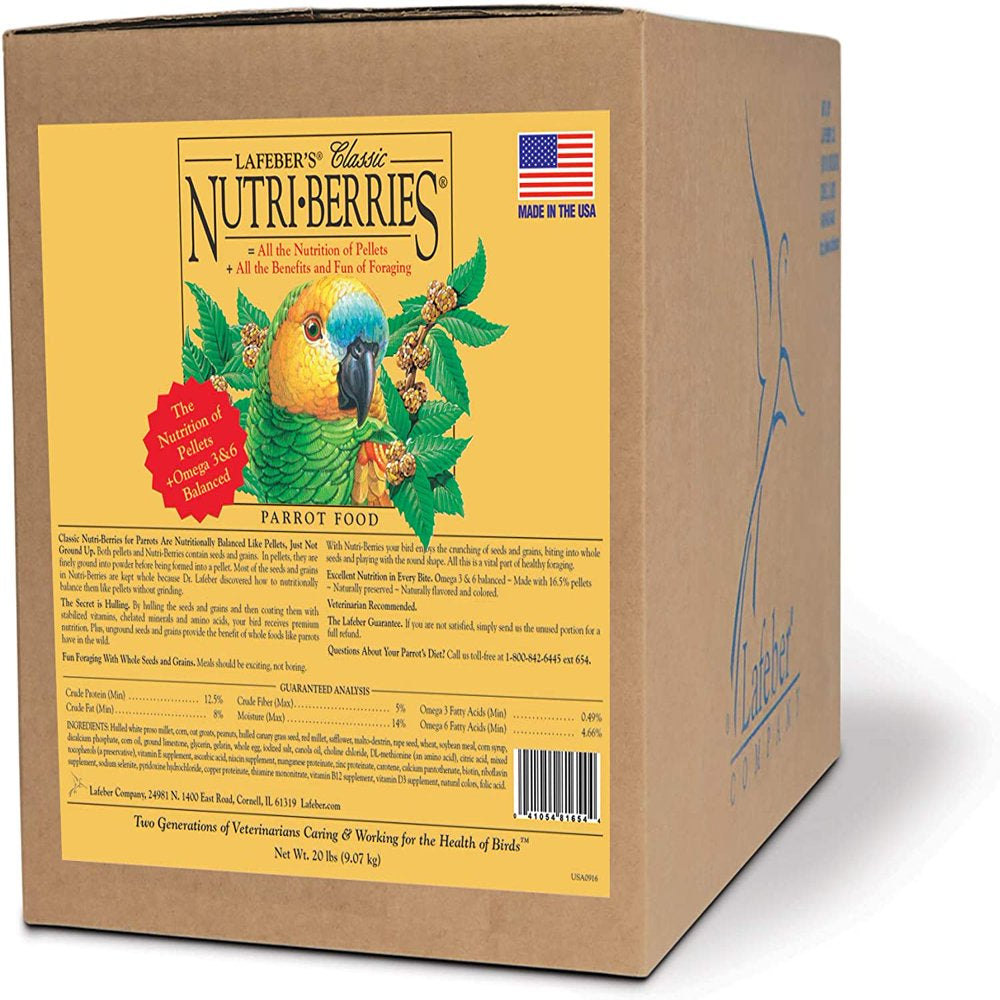 Lafeber Classic Nutri-Berries Pet Bird Food, Made with Non-Gmo and Human-Grade Ingredients, for Parrots Animals & Pet Supplies > Pet Supplies > Bird Supplies > Bird Food Lafeber Company 20 Pound (Pack of 1)  