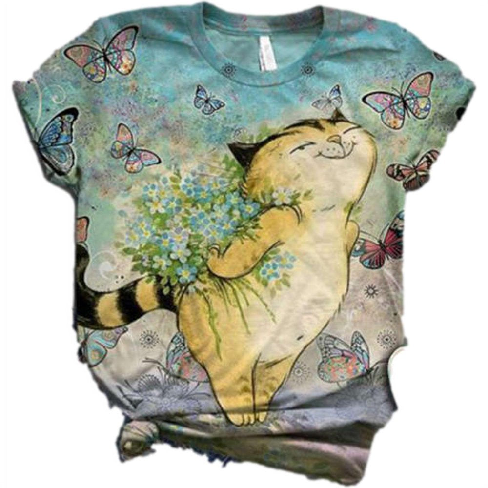 NGMQ Funny Cat Print Women Short Sleeve plus Size T-Shirt Animals & Pet Supplies > Pet Supplies > Cat Supplies > Cat Apparel NGMQ sky blue XL 