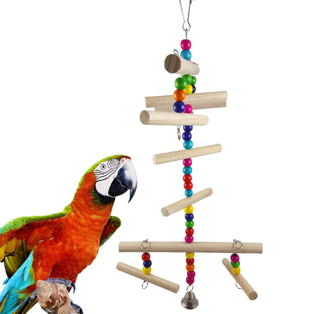 Bird Cage Toys Parrot Wood Perch Toy Colorful Wooden Beads Ladder Stand Chewing Toy for Cockatiels Parakeets Conures Animals & Pet Supplies > Pet Supplies > Bird Supplies > Bird Ladders & Perches BYDEZCON   