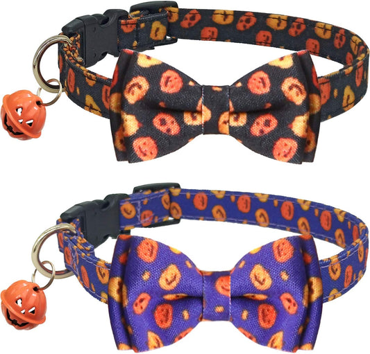 KUDES 2 Pack/Set Halloween Dog Collars, Adjustable Pumpkin Ghost Dog Collars with Bow Tie and Bells for Small/Medium/Large Pets Animals & Pet Supplies > Pet Supplies > Dog Supplies > Dog Apparel KUDES Black+Purple M(11.8''-17.8'') 