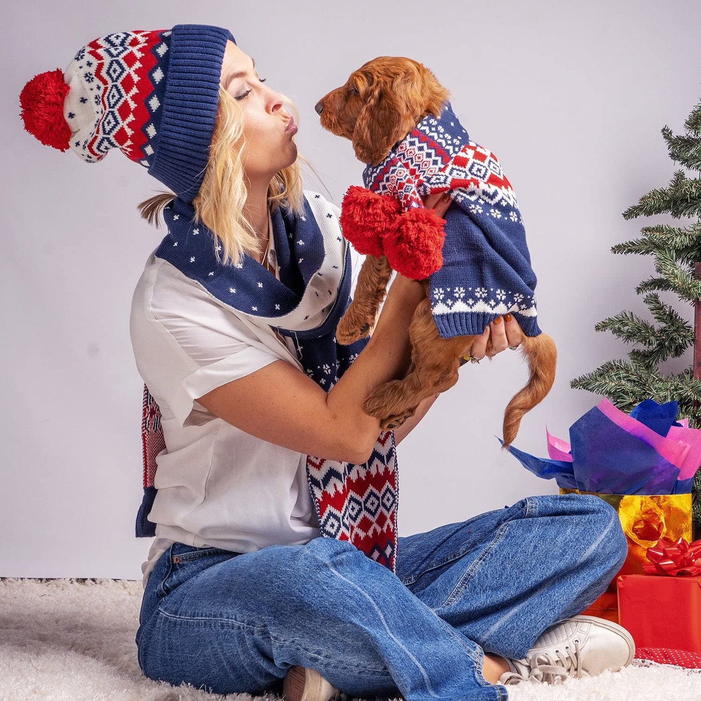 Blueberry Pet 2022/2023 New Christmas Family Scarf for Dog, Holiday Festive Fair Isle Dog Scarf in Navy Blue, Small/Medium