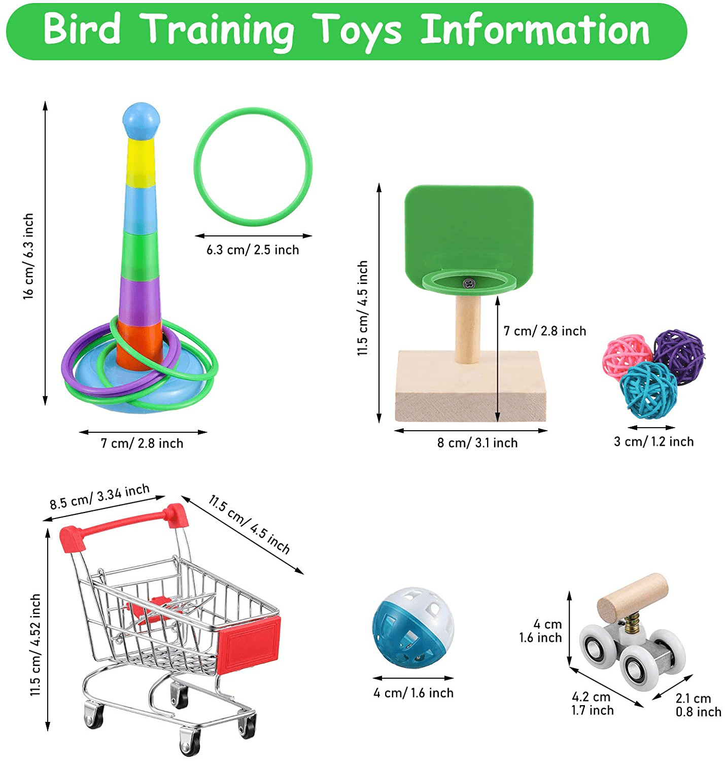 6 Pieces Bird Training Toys Parrot Intelligence Toy Mini Shopping Cart Mini Roller Skate Toy Basketball Stacking Rings Bird Toy Bell Balls for Parrots and Birds Trick Tabletop Toys Animals & Pet Supplies > Pet Supplies > Bird Supplies > Bird Toys Skylety   