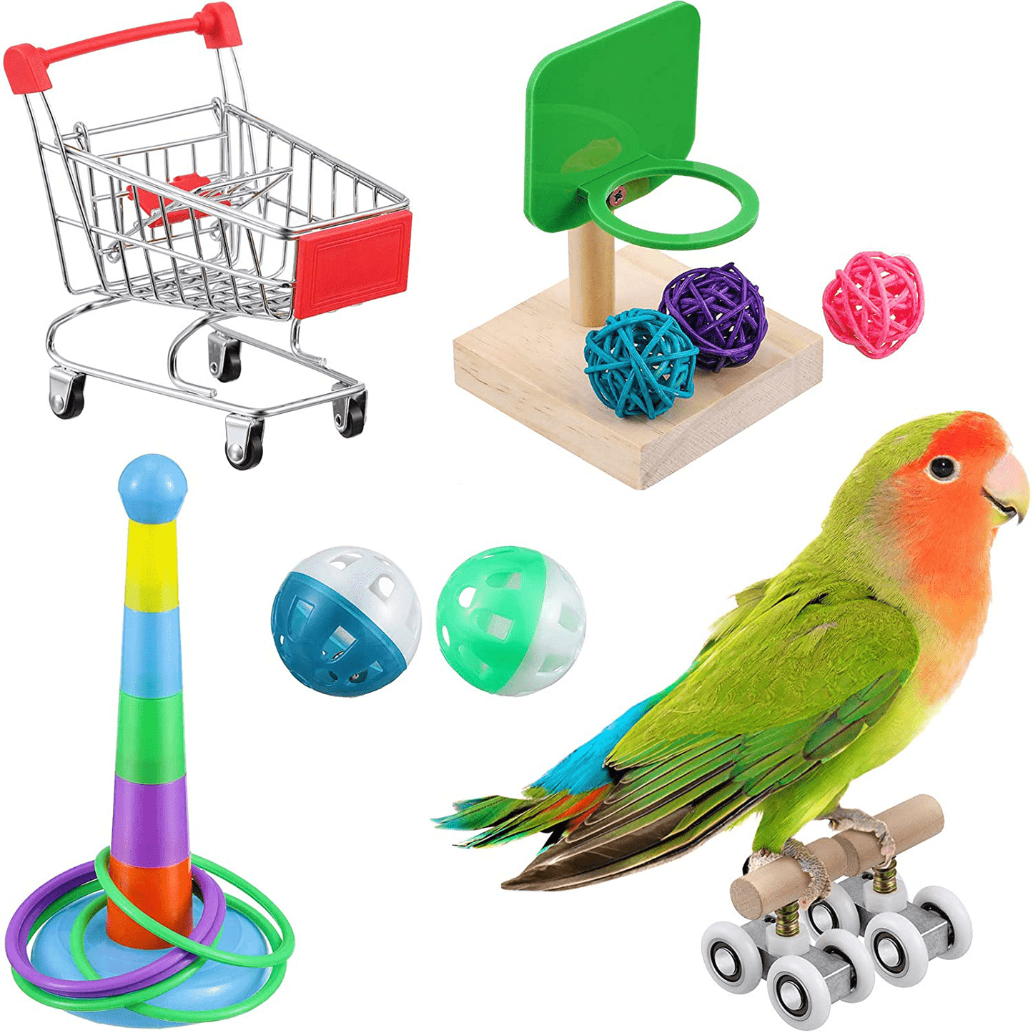 6 Pieces Bird Training Toys Parrot Intelligence Toy Mini Shopping Cart Mini Roller Skate Toy Basketball Stacking Rings Bird Toy Bell Balls for Parrots and Birds Trick Tabletop Toys Animals & Pet Supplies > Pet Supplies > Bird Supplies > Bird Toys Skylety   