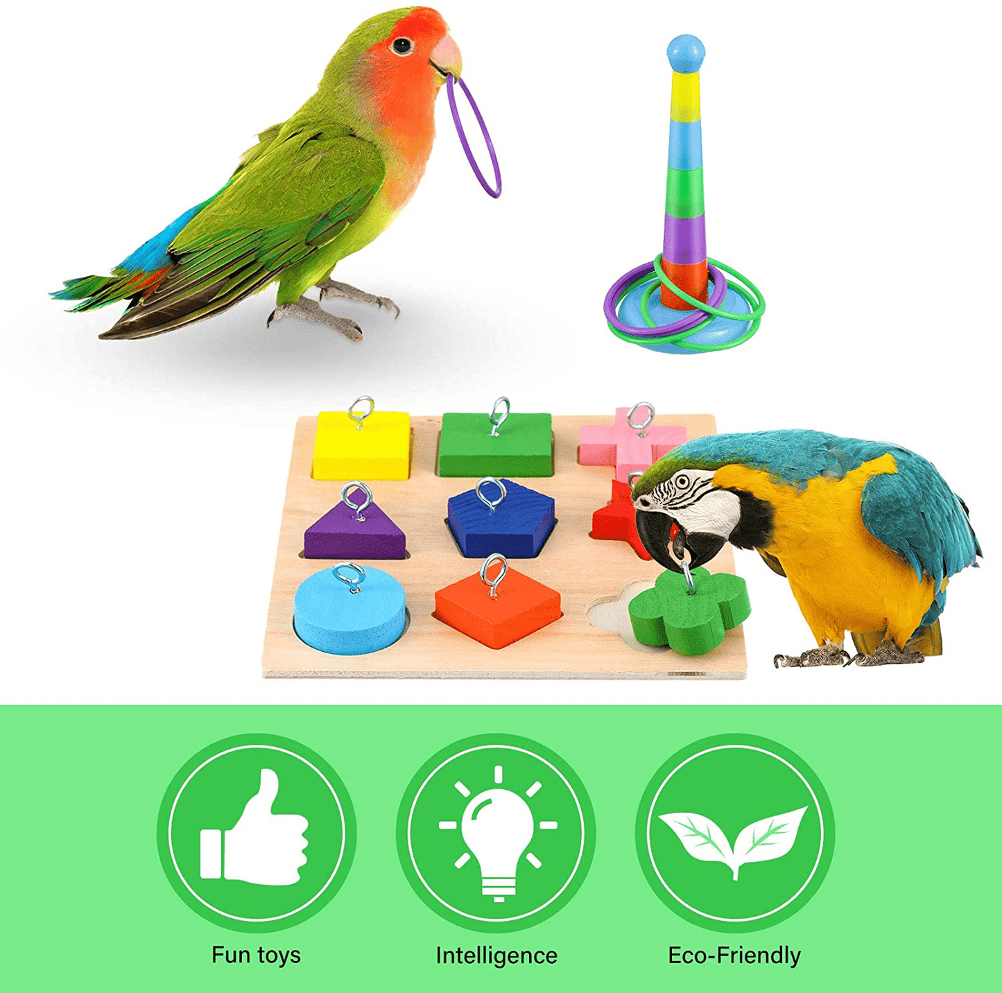 6 Pieces Bird Training Toys Parrot Intelligence Toy Parrot Wooden Block Puzzles Toy Stacking Rings Toy Mini Parrot Skateboard Nuts and Bolts Bird Toy Bell Balls for Budgie Parakeet Cockatiel Macaw
