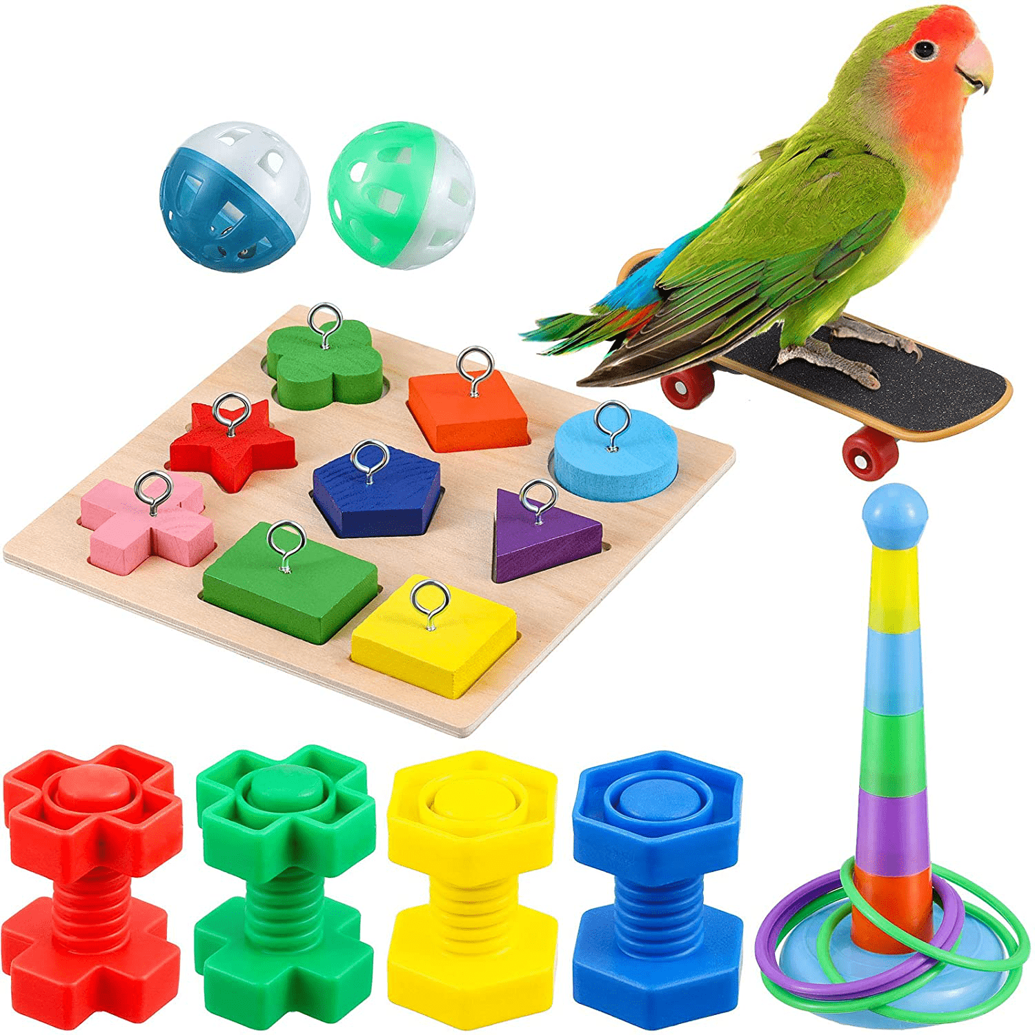 6 Pieces Bird Training Toys Parrot Intelligence Toy Parrot Wooden Block Puzzles Toy Stacking Rings Toy Mini Parrot Skateboard Nuts and Bolts Bird Toy Bell Balls for Budgie Parakeet Cockatiel Macaw