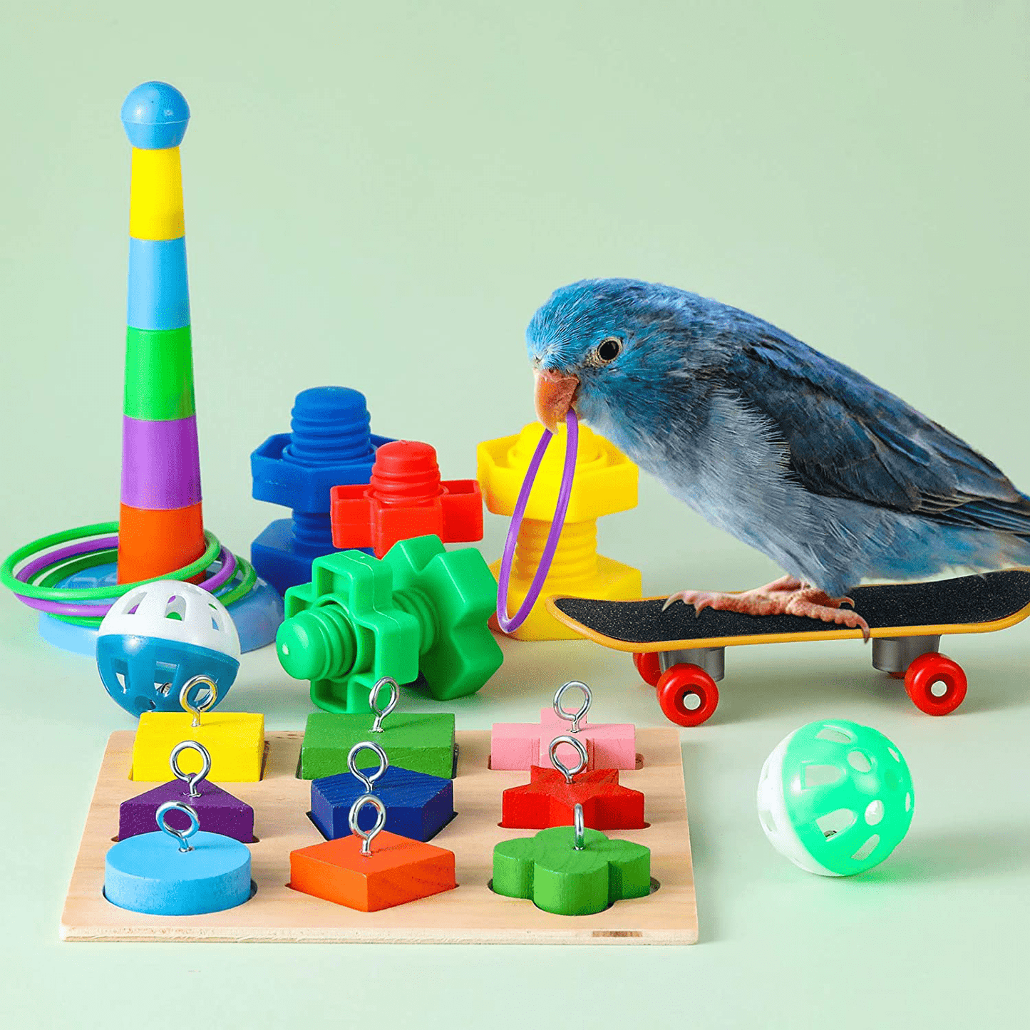 6 Pieces Bird Training Toys Parrot Intelligence Toy Parrot Wooden Block Puzzles Toy Stacking Rings Toy Mini Parrot Skateboard Nuts and Bolts Bird Toy Bell Balls for Budgie Parakeet Cockatiel Macaw Animals & Pet Supplies > Pet Supplies > Bird Supplies > Bird Toys Skylety   