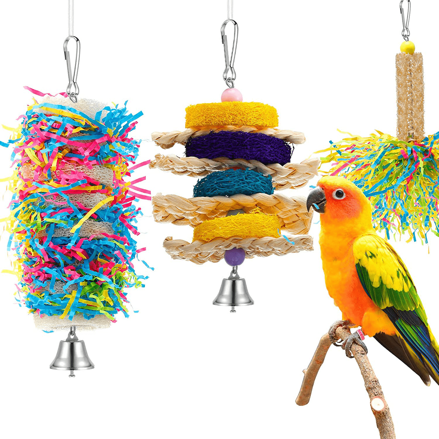 6 Pieces Parrot Cage Shredder Toy Bird Chewing Toys Foraging Hanging Toy Bird Loofah Toys with Bird Perch Stand Toy Blue Paw Grinding Stick for Small Bird Parakeets Cockatiel Conure African Grey