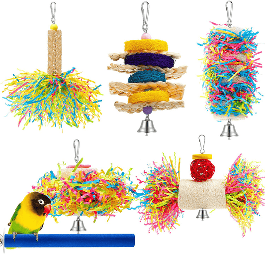 6 Pieces Parrot Cage Shredder Toy Bird Chewing Toys Foraging Hanging Toy Bird Loofah Toys with Bird Perch Stand Toy Blue Paw Grinding Stick for Small Bird Parakeets Cockatiel Conure African Grey Animals & Pet Supplies > Pet Supplies > Bird Supplies > Bird Toys Skylety   