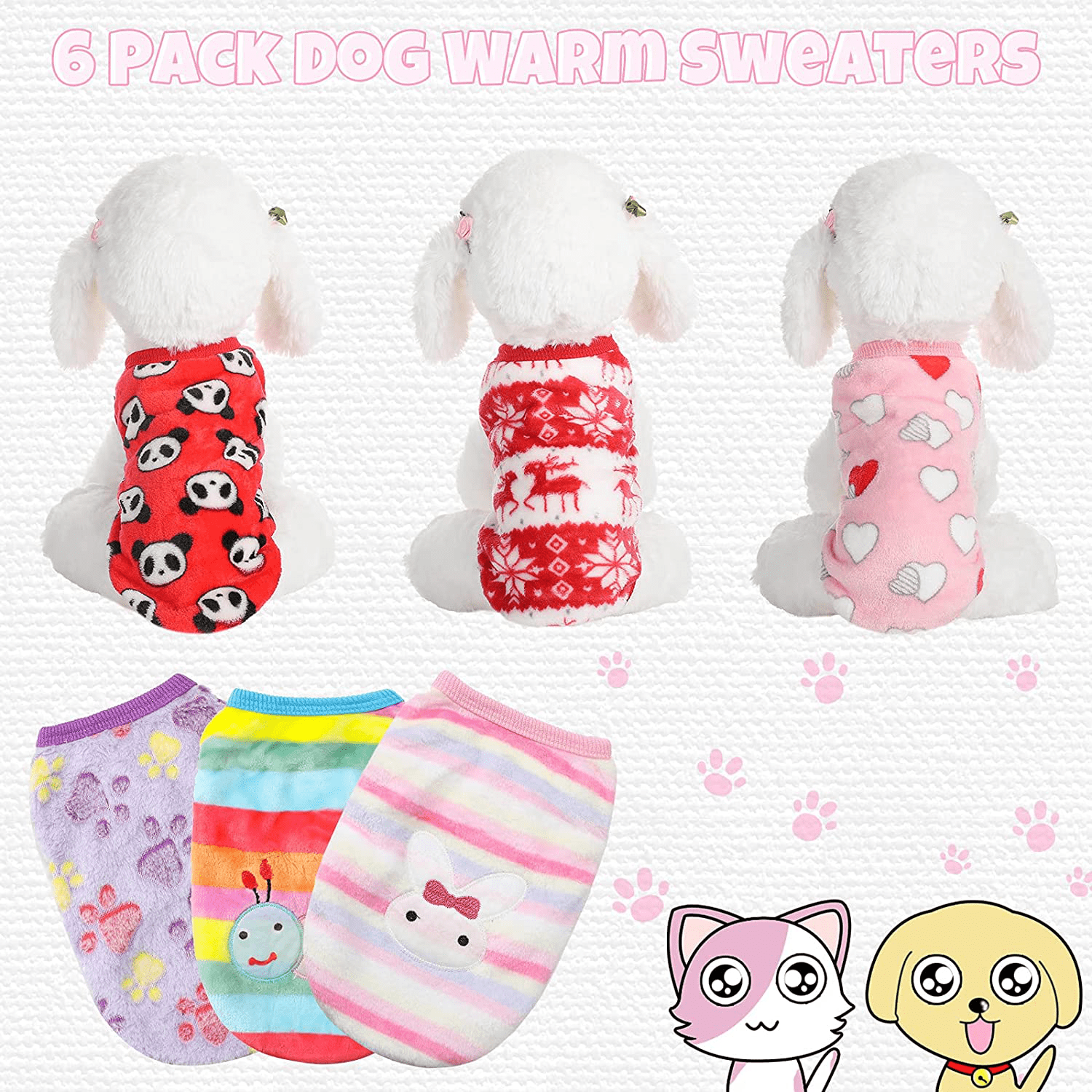 6 Pieces Puppy Clothes for Valentine'S Day Winter Warm Cute Pet Sweaters Flannel Dog Vest Paw Print Pet Dog Cat Clothes for Chihuahua Yorkies Dachshunds Male Female Dog Cat