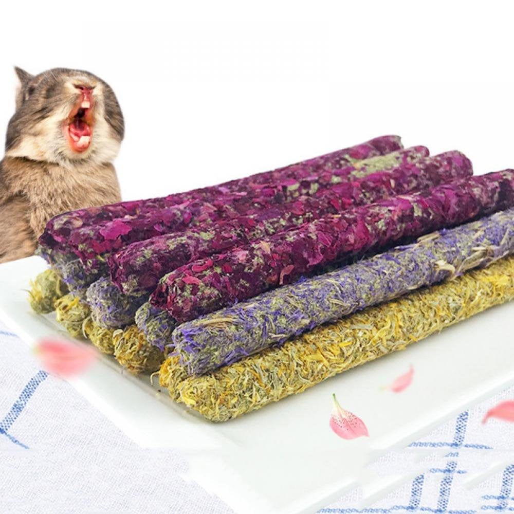 6 Sticks Petal Molar Stick Hay Sticks for Guinea Pig Chinchillas Pet Snacks Chew Treats for Rabbit Hamsters Squirrel and Other Small Animals