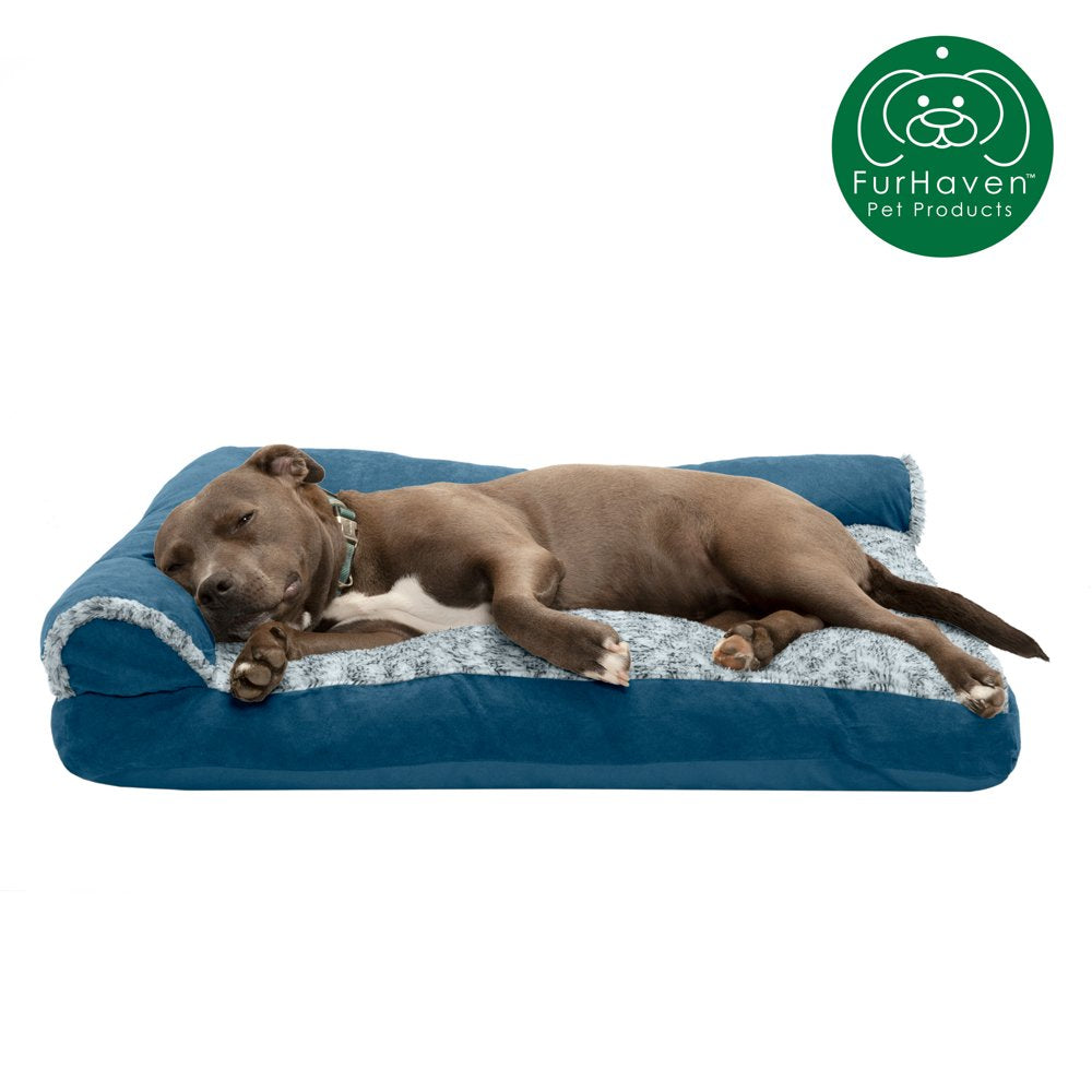 Furhaven Pet Products | Faux Fur & Suede Chaise Lounge Pillow Sofa-Style Pet Bed for Dogs & Cats, Espresso, Jumbo Animals & Pet Supplies > Pet Supplies > Cat Supplies > Cat Beds FurHaven Pet L Marine Blue 