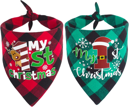 ADOGGYGO 2 Pack Dog Bandana Christmas Classic Buffalo Plaid Dog Scarf Triangle Bibs Kerchief Christmas Dog Bandanas for Small Medium Large Dogs Pets (1St Christmas) Animals & Pet Supplies > Pet Supplies > Dog Supplies > Dog Apparel ADOGGYGO 1st christmas  