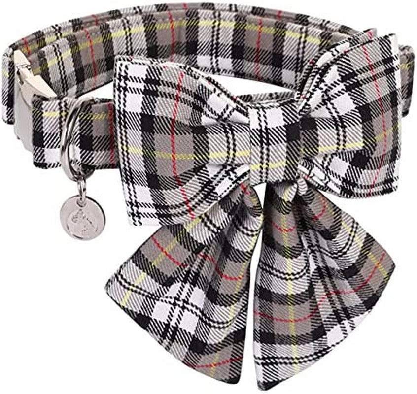 DOGWONG Cotton Dog Collar with Bowtie Summer Leaf Pink Pet Collar for Large Small Medium Dog Animals & Pet Supplies > Pet Supplies > Dog Supplies > Dog Apparel DOGWONG A: Grey Black Plaid L 