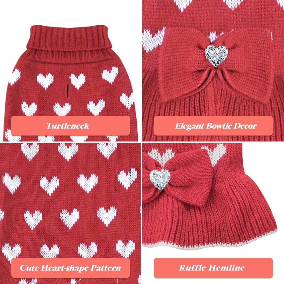 KYEESE Valentine'S Day Dog Sweater Dress with Bowtie Red Heart Small Dog Sweater with Leash Hole Turtleneck Dog Knitwear Animals & Pet Supplies > Pet Supplies > Dog Supplies > Dog Apparel kyeese   