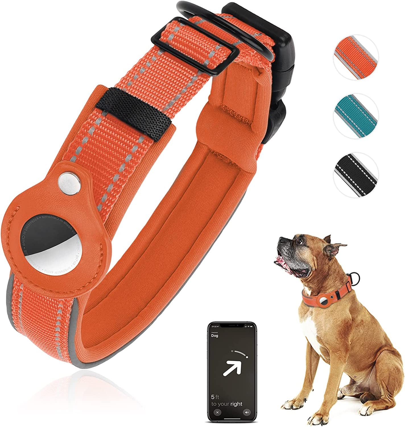 Airtag Dog Collar, PETNANNY Reflective Dog Collar with Airtag Holder Case, Padded Heavy Duty Dog Collar for Airtag, Adjustable Air Tag Pet Collar for Medium Large Dogs (Black, XL(19-22")) Electronics > GPS Accessories > GPS Cases PETNANNY Orange L(17-20") 