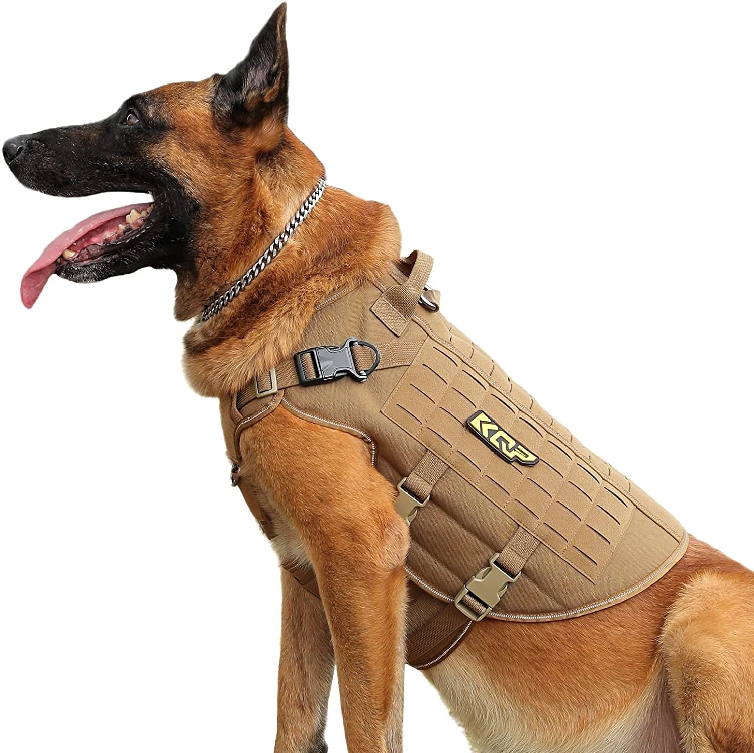 KQP Tactical Dog Harness for Large Medium Small Dogs No Pull,Military Dog Molle Vest with Hook & Loop Panels, Reflective Pet Walking Hiking Training,Black,Xl Animals & Pet Supplies > Pet Supplies > Dog Supplies > Dog Apparel KQP Metal Buckle Coyote Brown Large 