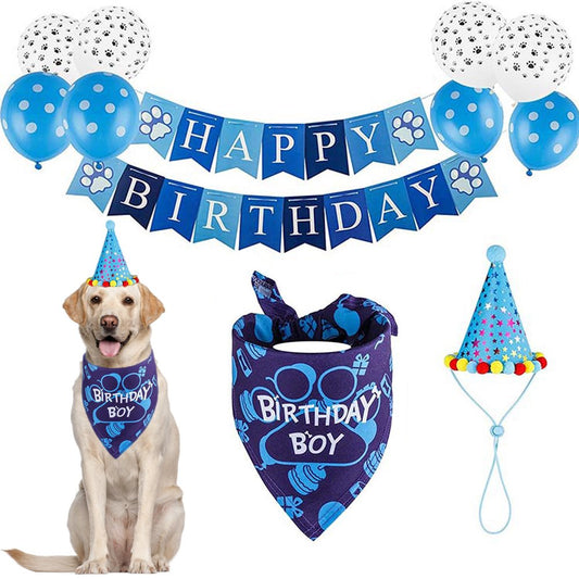 ROZKITCH Dog Birthday Party Set Supplies Boys and Girls Dog Birthday Decorations Bandana Scarf Hat Scarfs Balloons Animals & Pet Supplies > Pet Supplies > Dog Supplies > Dog Apparel ROZKITCH Blue  