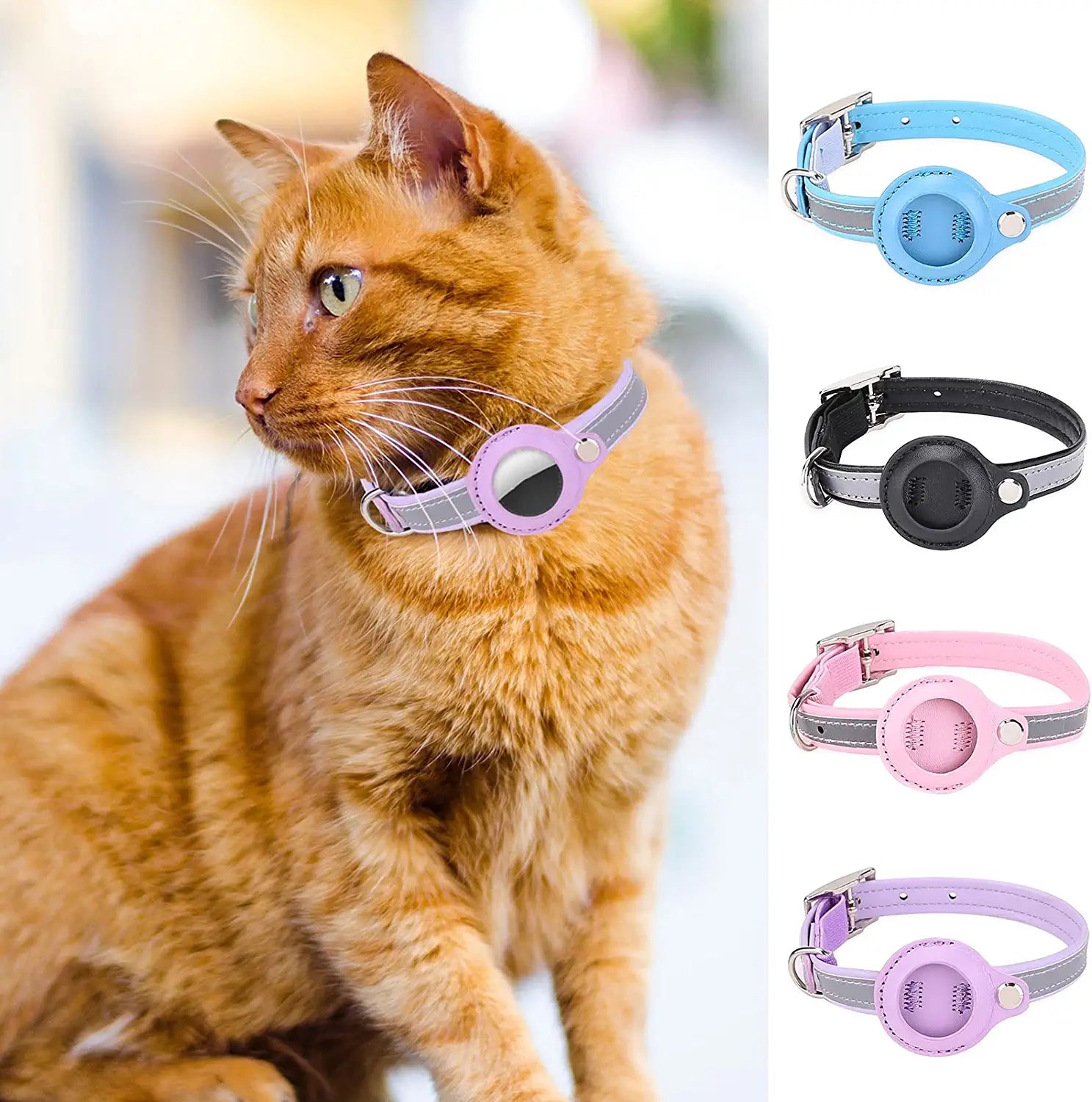 Cat Collar Case for Airtag, Solid Color Faux Leather Reflective Pet Collar for Small Sized Pets Pink XS