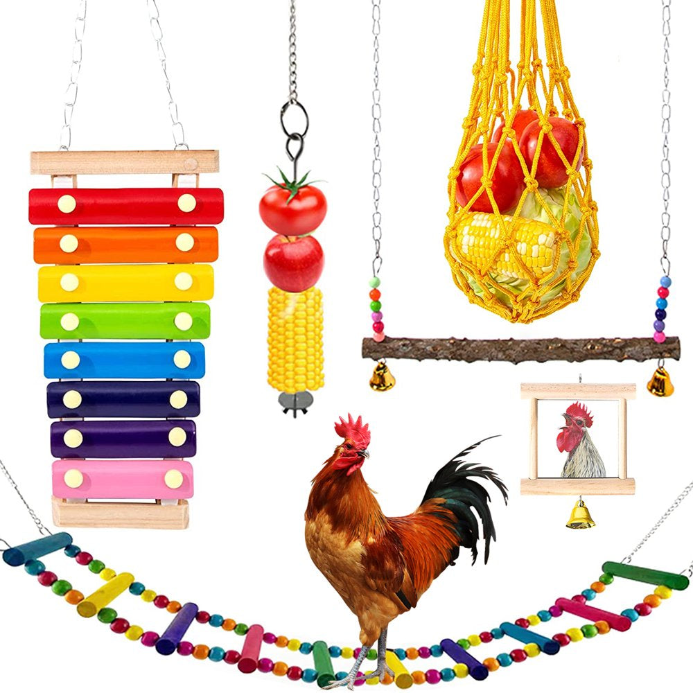 Welpettie 6Pcs Chicken Toys Set Chewing Foraging Toys Parrot Playing Training Toys with Wooden Swing Fruit Vegetable Hanging Feeder Xylophone Mirror Bell Ladder Toy for Chicken Parrots Birds Animals & Pet Supplies > Pet Supplies > Bird Supplies > Bird Toys Welpettie   