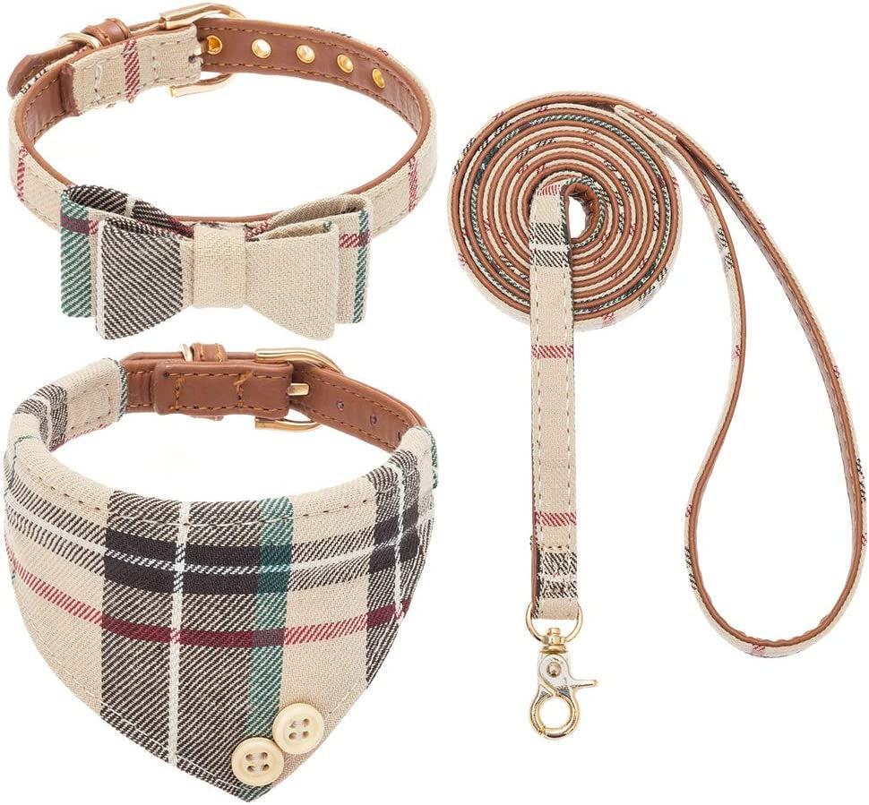 EXPAWLORER Dog Collar and Leash Set - Classic Plaid Dog Bow Tie and Dog Bandana Collar with Bell, Dog Leash Tangle Free, Adjustable Collars for Small Medium Large Dogs Cats, Holiday Ideal Gift Animals & Pet Supplies > Pet Supplies > Dog Supplies > Dog Apparel EXPAWLORER Beige Medium 