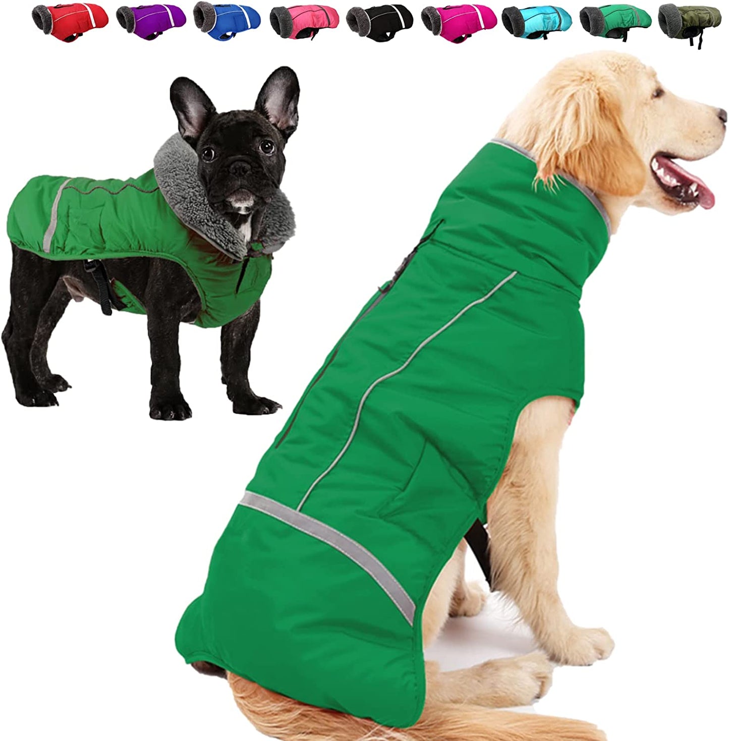 Doglay Dog Winter Coat with Thicken Furry Collar, Reflective Warm Pet Jacket Fleece Lining Waterproof Windproof Dog Clothes for Cold Weather, Soft Puppy Vest Apparel for Small Medium Large Dogs Animals & Pet Supplies > Pet Supplies > Dog Supplies > Dog Apparel Doglay Green XL(Chest : 24.41-33.46" , Back : 19.68") 