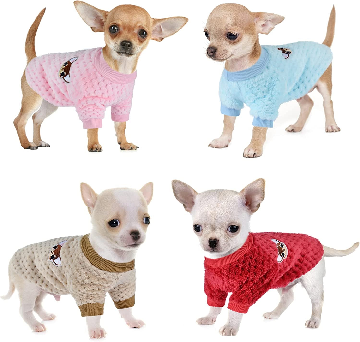 4 Pieces Small Dog Sweaters Chihuahua Fleece Clothes XXS~S Winter Warm Puppy Sweaters Boys Girls Tiny Dog Outfits for Teacup Yorkie Puppies Extra Small Breed Costume (X-Small Bust 10.23") Animals & Pet Supplies > Pet Supplies > Dog Supplies > Dog Apparel Kosiyi   