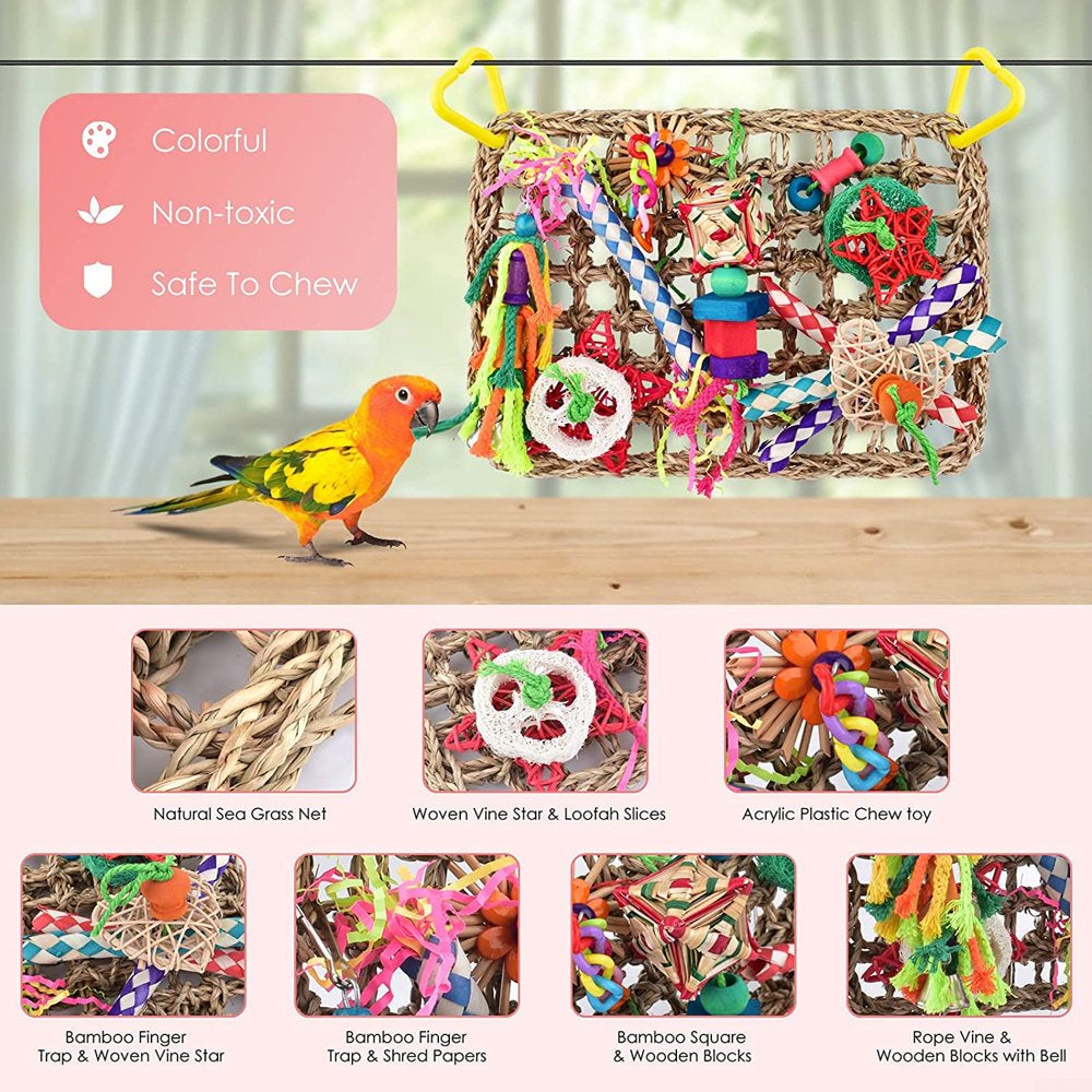 JSSH Bird Toys Seagrass Bird Foraging Toys Wall Edible Seagrass Woven Climbing Hammock Mat with Colorful Chewing Toys Pet Molar Pastime Parrot Toy Animals & Pet Supplies > Pet Supplies > Bird Supplies > Bird Toys JSSH   