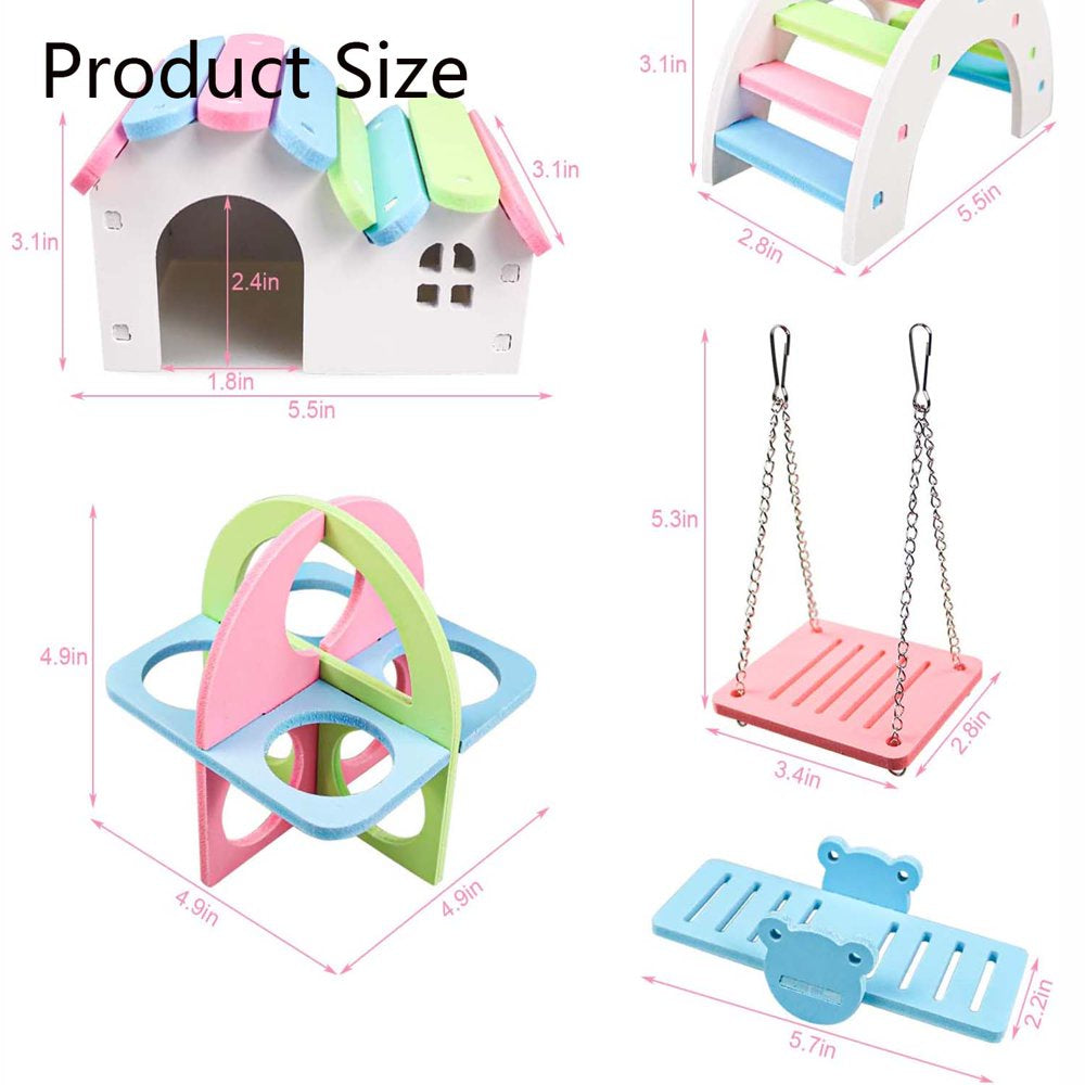 Dwarf Hamsters House DIY Wooden Gerbil Hideout Rainbow Bridge Swing and PVC Seesaw , Pet Sport Exercise Toys Set, Sugar Glider Syrian Hamster Cage Accessories, Suitable for Small Animal Habitat
