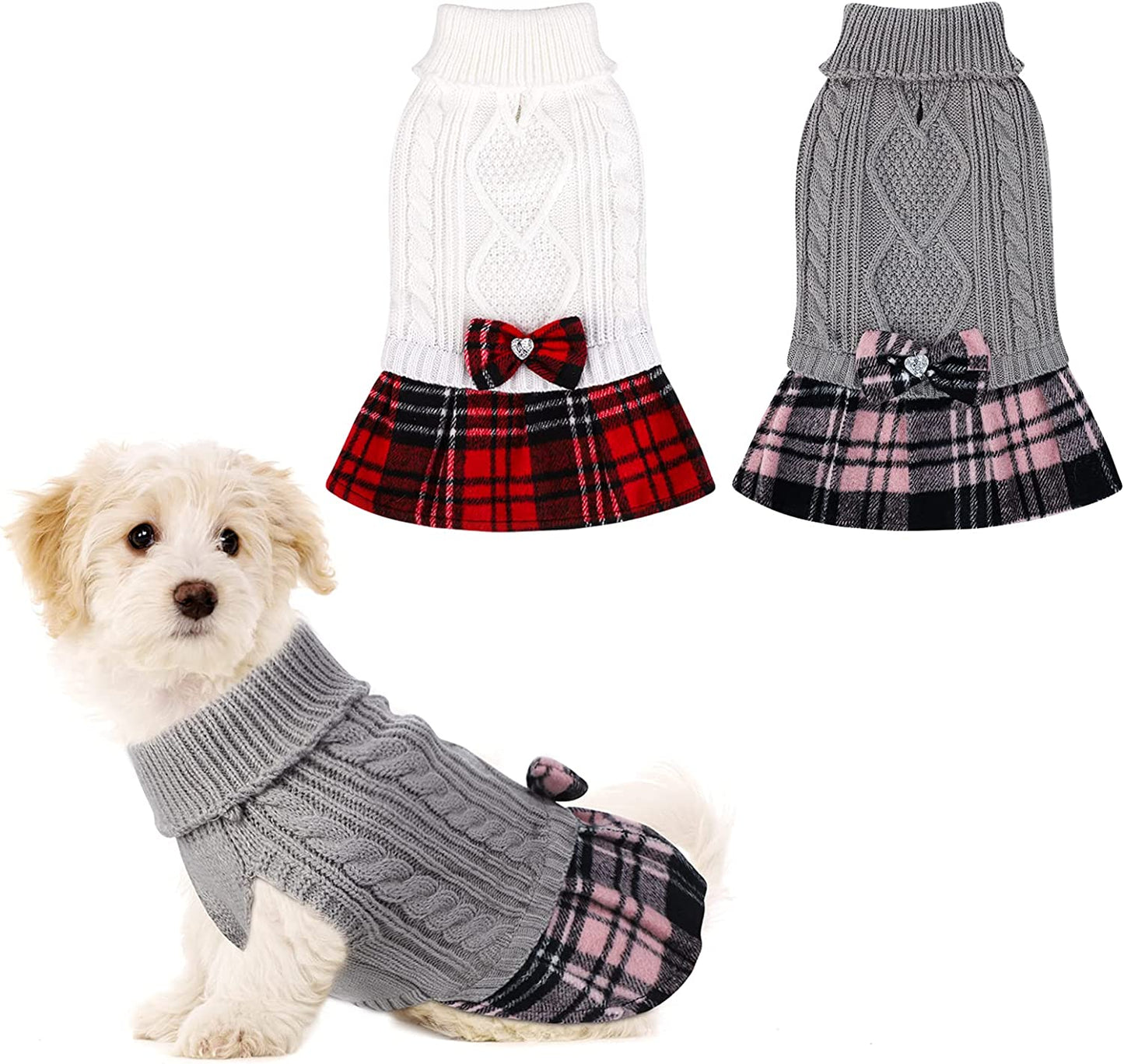 Pedgot 2 Pieces Dog Sweater Dress Plaid with Bowtie Turtleneck Dog Knitwear Pet Sweater Pullover Sweater for Dogs Cat Dress Checked (Beige, Grey, Large Animals & Pet Supplies > Pet Supplies > Dog Supplies > Dog Apparel Pedgot   