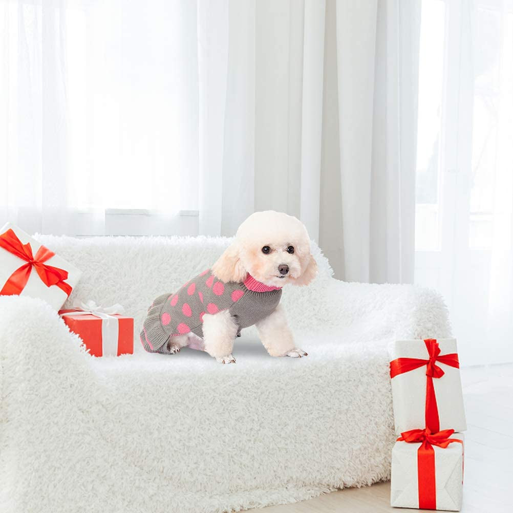 EXPAWLORER Dog Sweater for Small Dogs - Dog Winter Clothes with Leash Hole, Warm Polka Dot Turtleneck Knitwear Skirt for Puppy, Dog Winter Coat Apparel for Girl Dogs Animals & Pet Supplies > Pet Supplies > Dog Supplies > Dog Apparel EXPAWLORER   