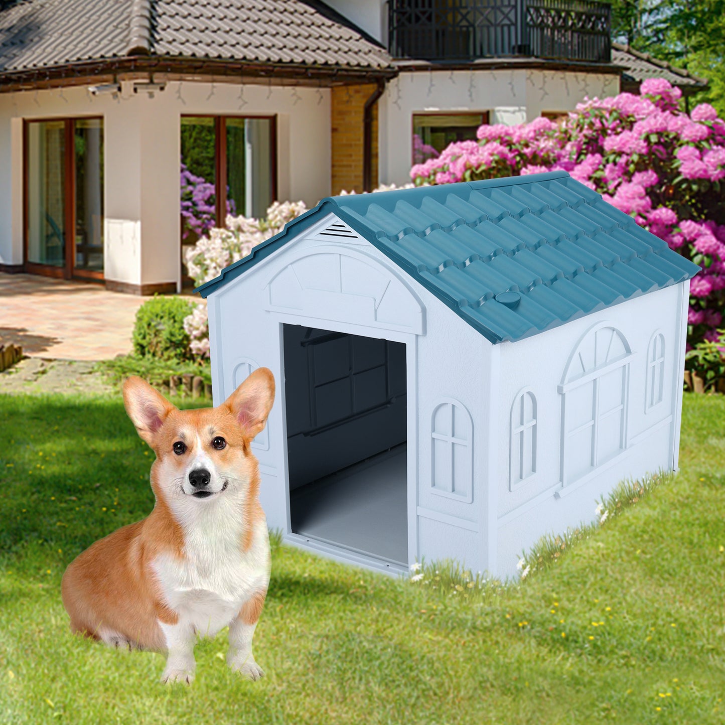 Plastic Dog House Weather Resistant Dog Kennel Puppy Shelter Indoor Outdoor Doghouse