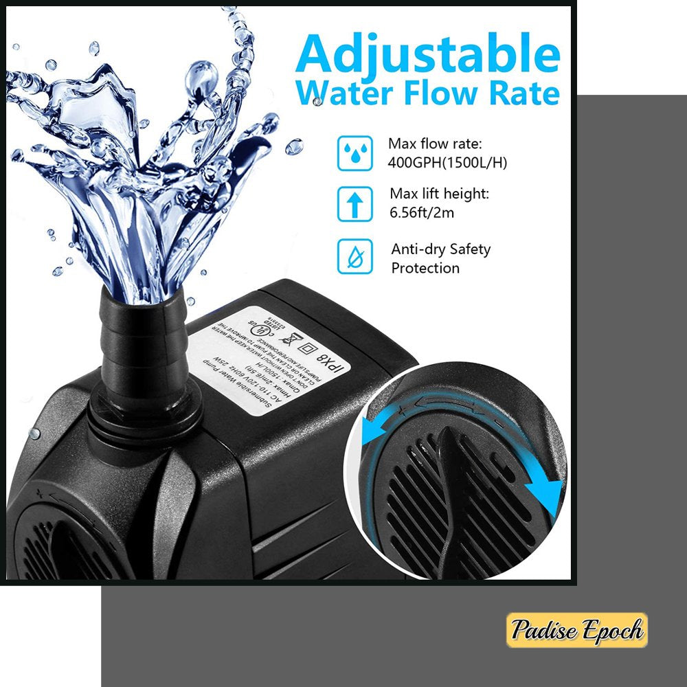 Fountain Pump, 2 Packs 400GPH(25W 1500L/H) Submersible Water Pump, Durable Outdoor Fountain Water Pump with 6.5Ft Tubing (ID X 1/2-Inch), 3 Nozzles for Aquarium, Pond, Fish Tank, Water Pump Animals & Pet Supplies > Pet Supplies > Fish Supplies > Aquarium & Pond Tubing KOL PET   