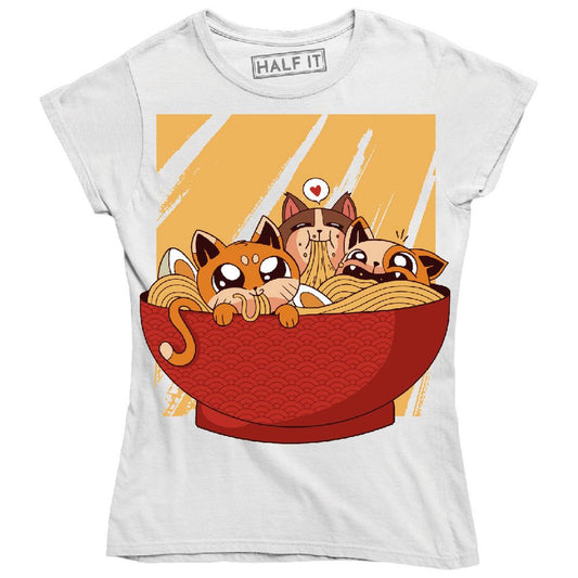 Funny Cute Animal Cat Cats on a Ramen Bowl Food Lover Women'S T-Shirt Animals & Pet Supplies > Pet Supplies > Cat Supplies > Cat Apparel Half It XL  