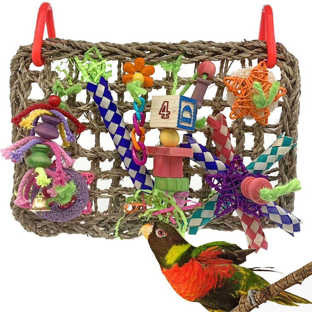 Bird Foraging Wall Toy Seagrass Woven Mat with Colorful Wooden Blocks Chew Toys
