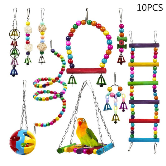 Heroneo 10Pcs Wooden Parrot Ladders Bird Cage Swing Perch Hanging Chew Ball Bell Toys Animals & Pet Supplies > Pet Supplies > Bird Supplies > Bird Ladders & Perches Heroneo   