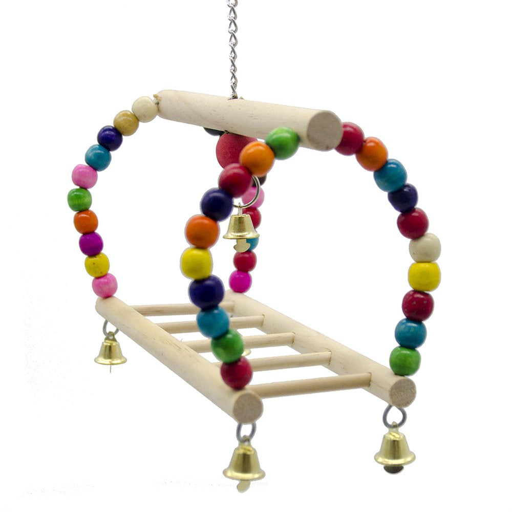 Bird Parrot Toy Hanging Bird Swing Perch Wooden Parrot Climbing Ladder Bird Cage Chew Bell Toy with Colorful Beads Animals & Pet Supplies > Pet Supplies > Bird Supplies > Bird Ladders & Perches MINIPI   