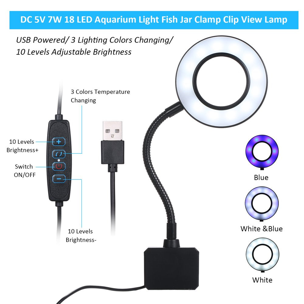 DC 5V 7W 18 LED Aquarium Light Fish Jar Clamp Clip View Lamp USB Powered Operated 3 Lighting Colors Changeable 10 Levels Adjustable Brightness Dimmable Flexible Bendable Foldable Tube Design Portabl Animals & Pet Supplies > Pet Supplies > Fish Supplies > Aquarium Lighting Tomshoo   