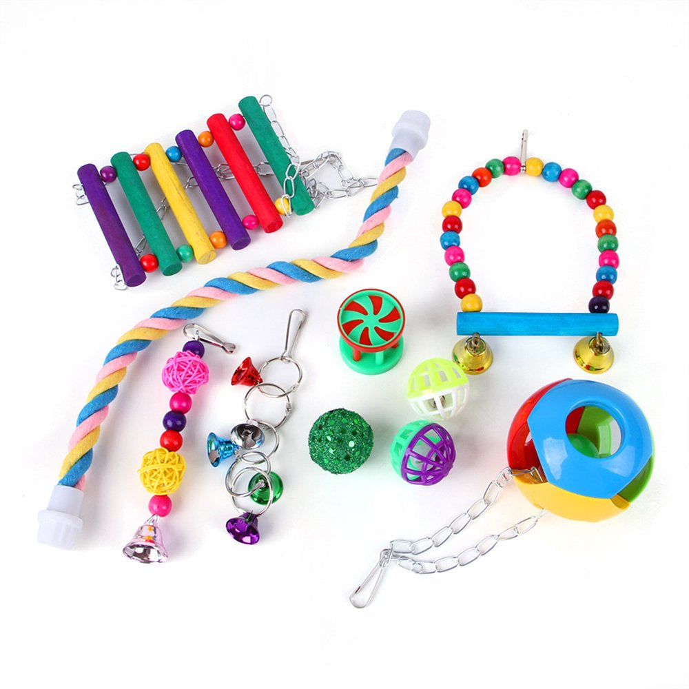 Dasbsug Bird Toys 10 Pieces Set Including Swing Ladder Rope Perch Bell Ball Chew Toys for Cage Colorful Decor Easy to Install